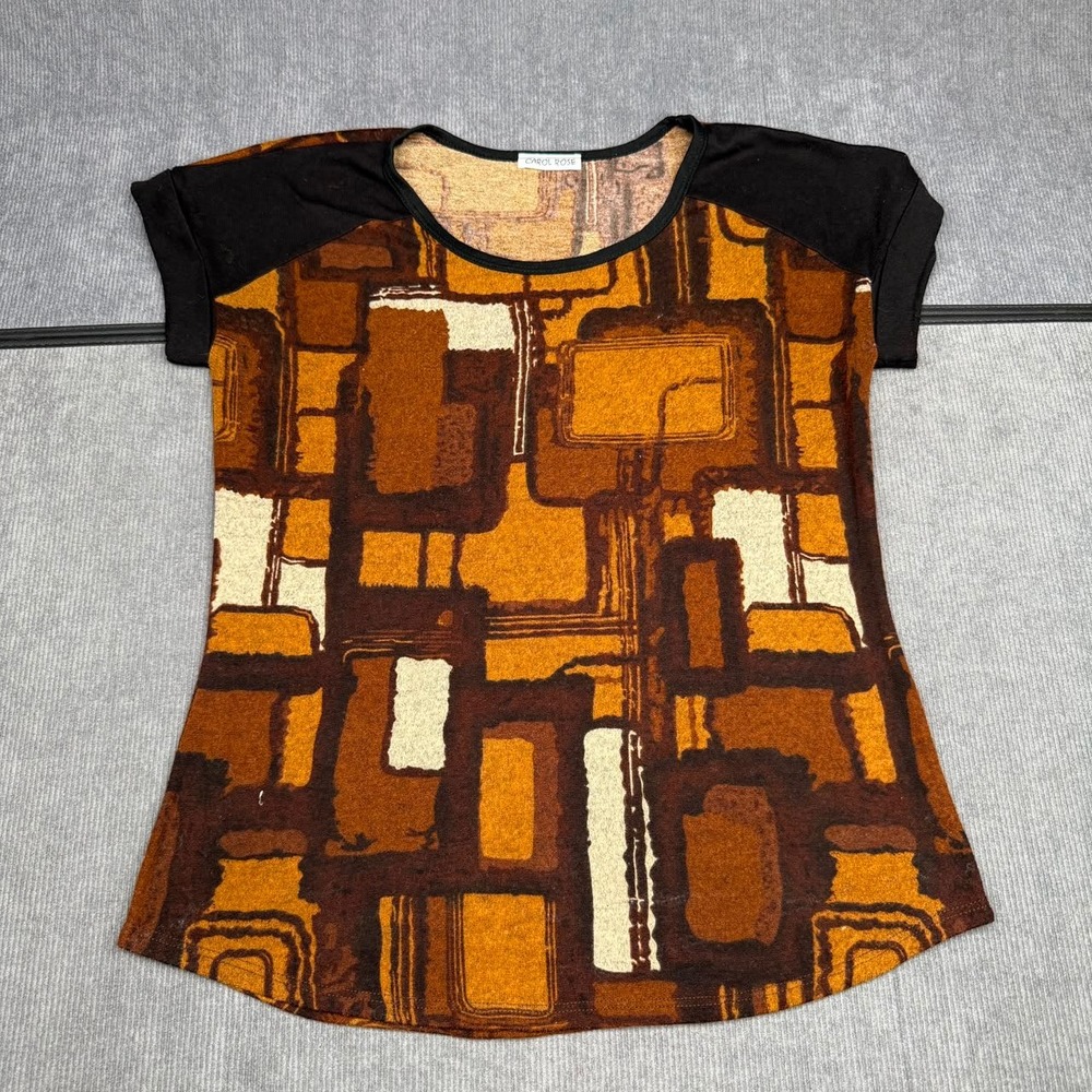 Carol Rose Abstract Geometric Print Short Sleeve Boho y2k Top Brown Orange XL